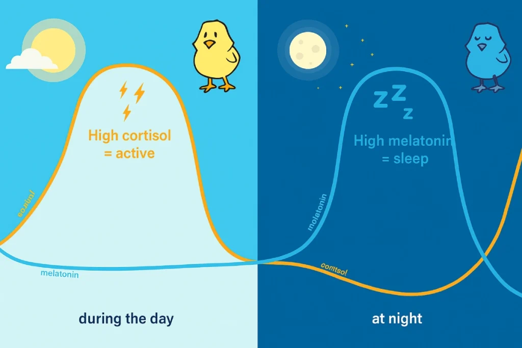 llustration showing day–night cortisol and melatonin rhythm in broiler chicks, with higher cortisol during the day and higher melatonin at night to support activity and sleep.