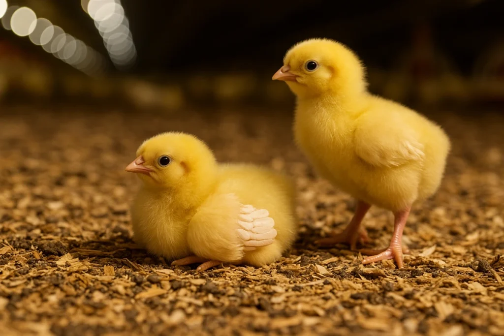 Broiler chicks resting on bedding under controlled lighting conditions in a modern poultry house.