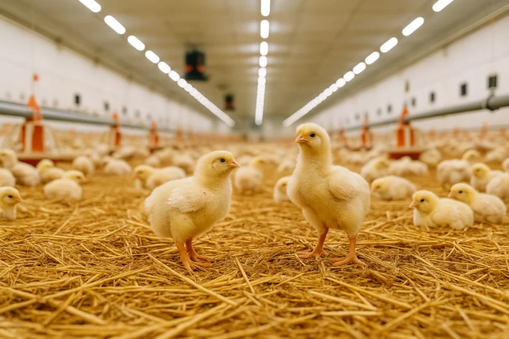 Young broiler chicks standing on straw bedding inside a well-lit commercial broiler house with feeding and watering lines.