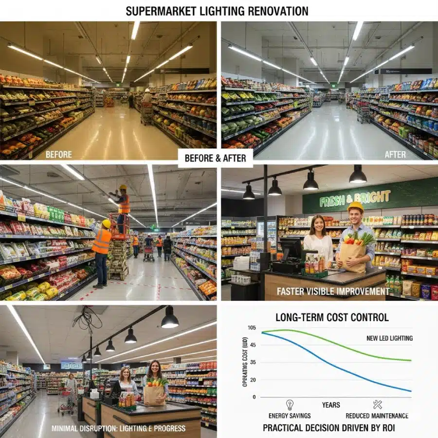 before and after led panel light retrofit in supermarket ceiling