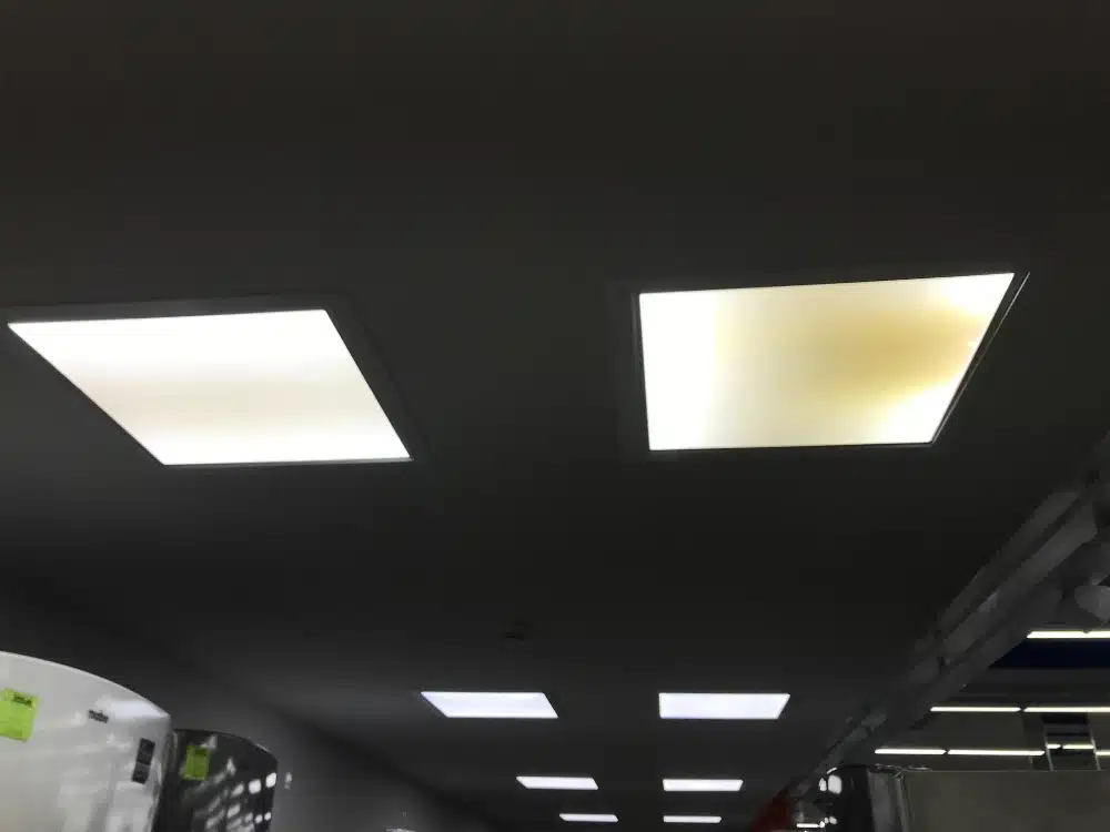 yellowing led panel light in supermarket ceiling after long-term use